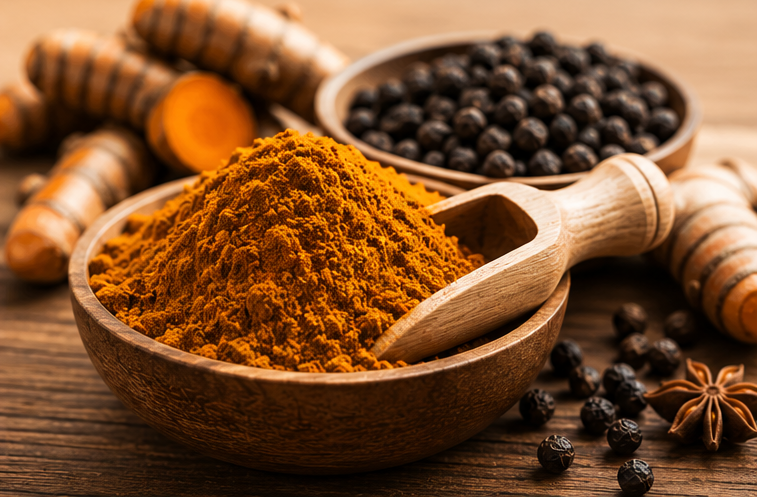 Ground spices in a bowl surrounded by whole pepper