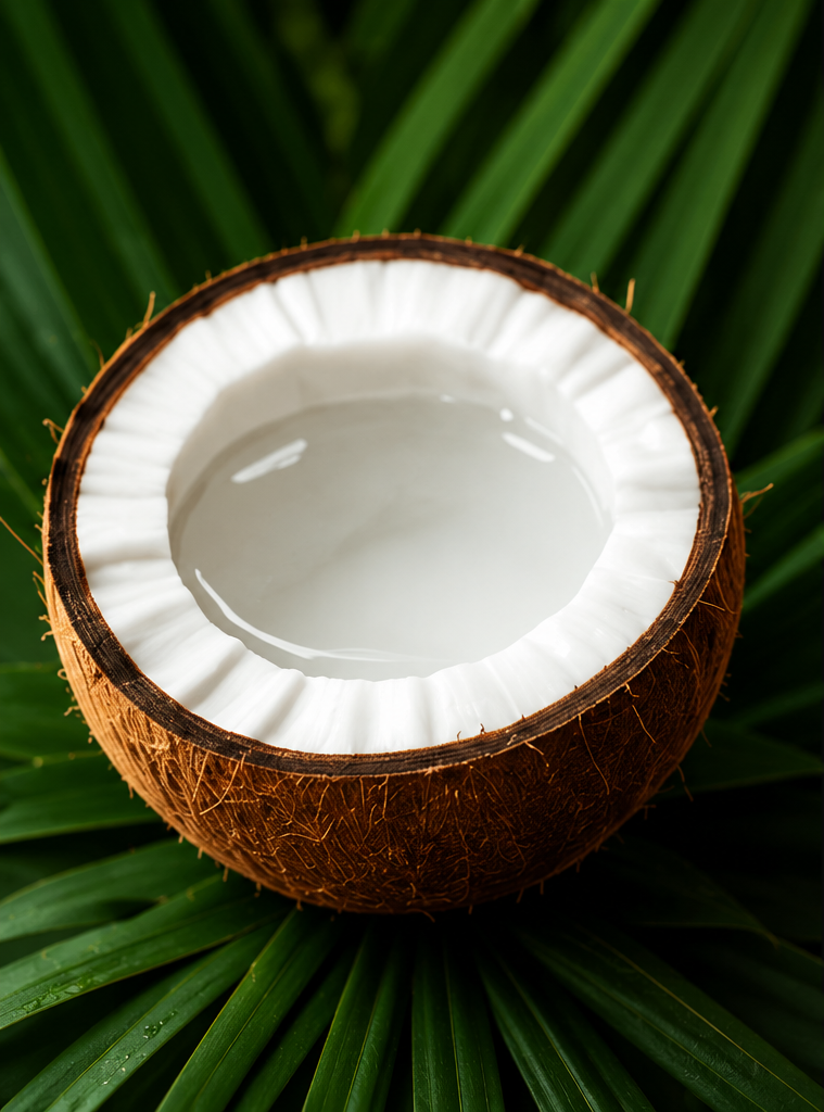 Fresh coconut half placed on tropical leaves