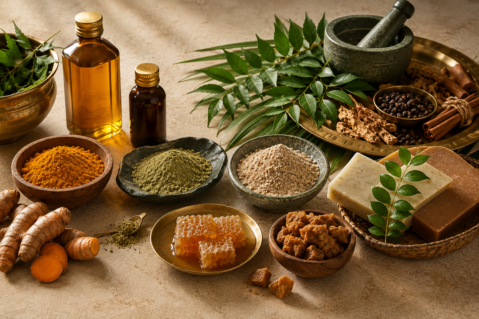 Natural ingredients, oils, and Ayurvedic products arranged together